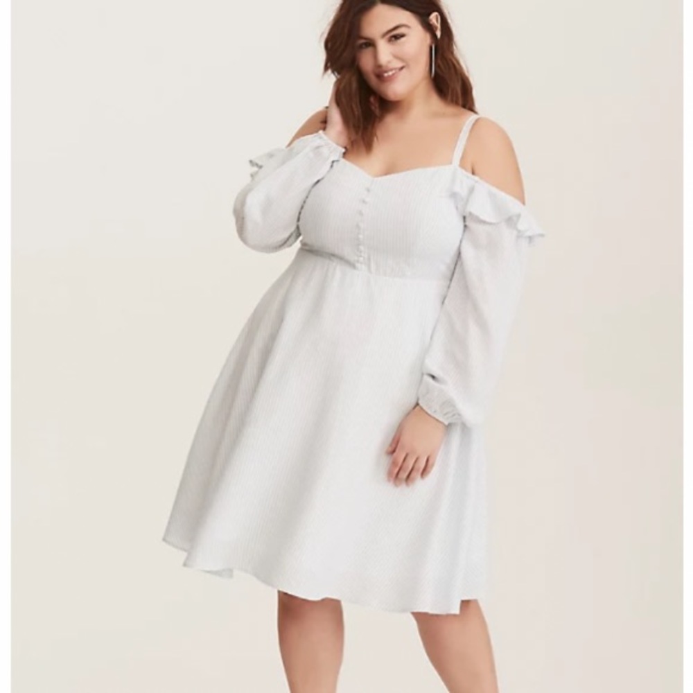 BLUE WHITE STRIPED COLD SHOULDER CHALLIS DRESS
